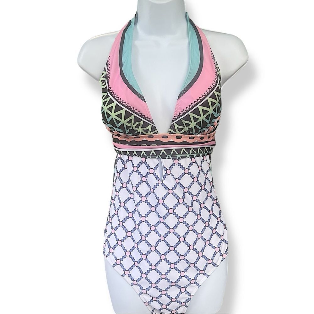 Sea Fever Deep Plunge One Piece Pastel Geo Swimsuit | Women’s M